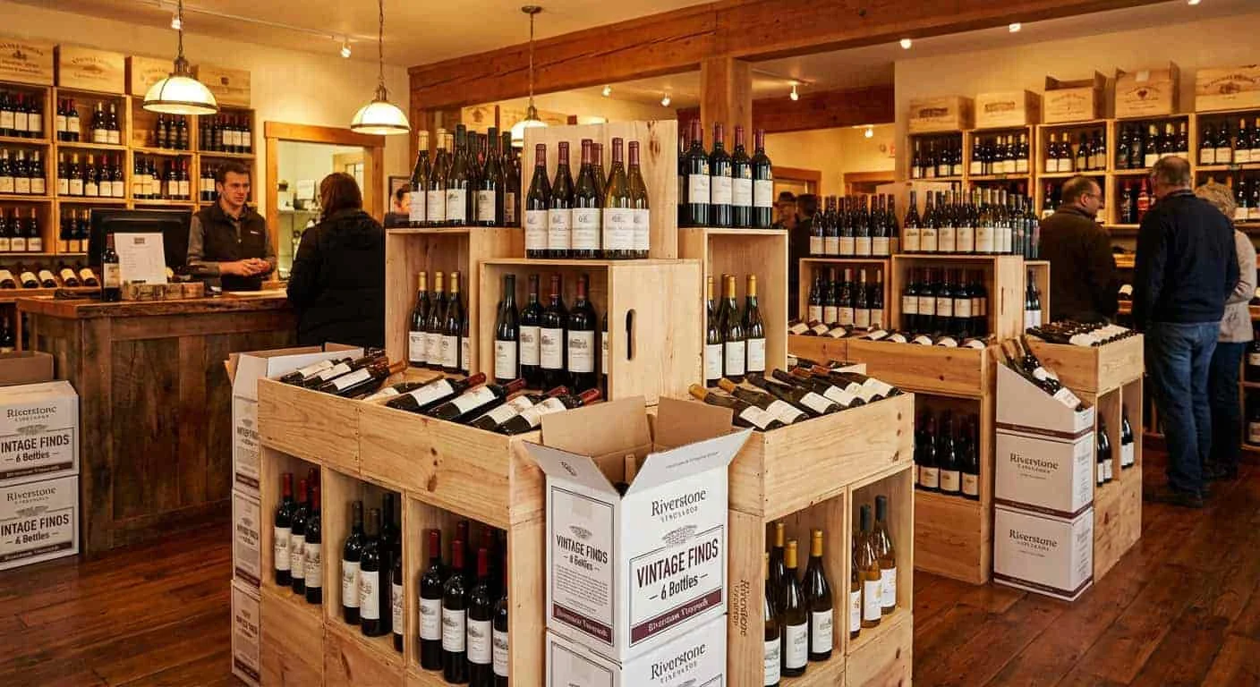 Wooden wine crates used as retail display with cardboard-packed bottles