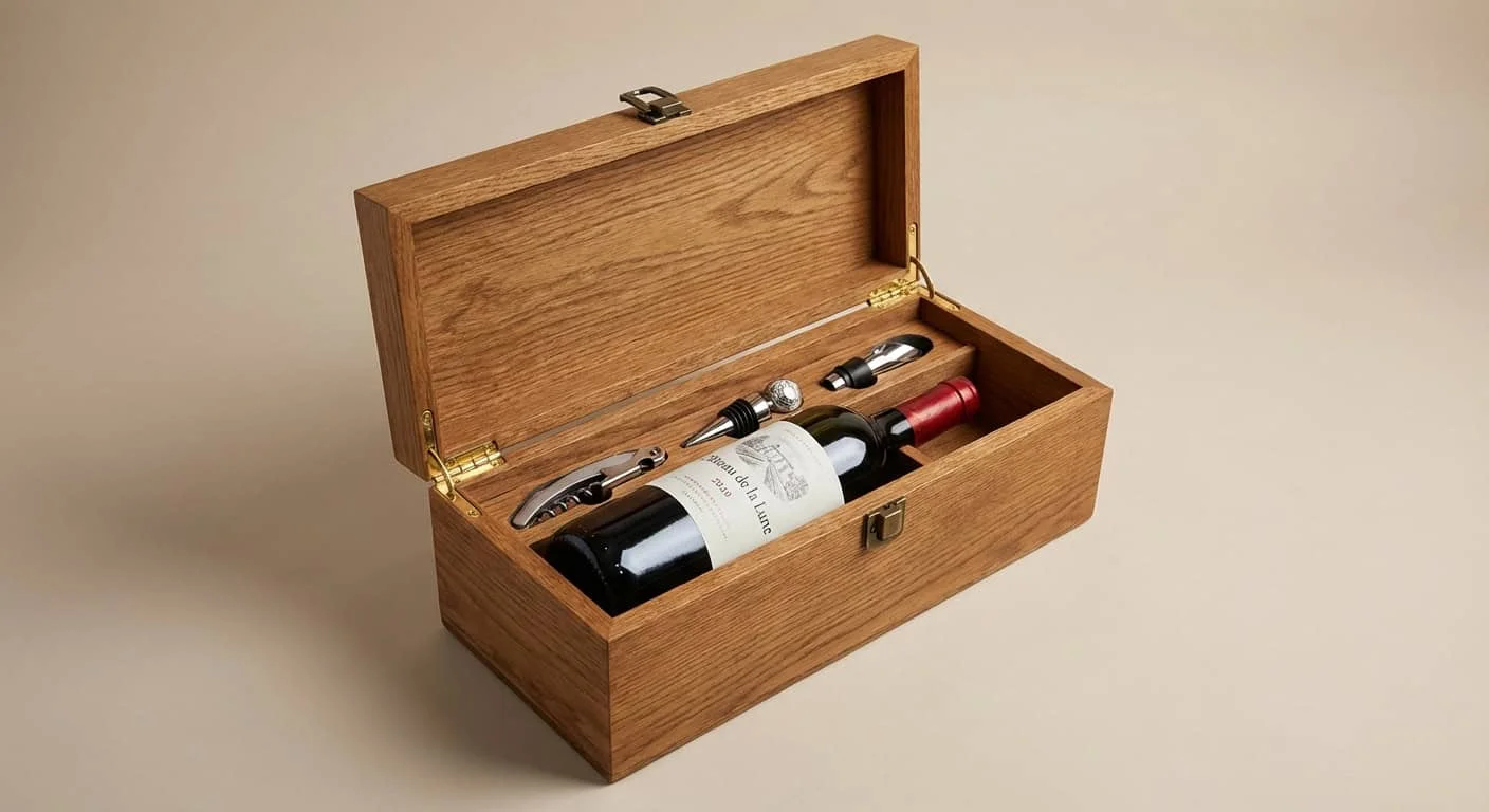 Wooden wine gift set box containing a bottle and wine accessories