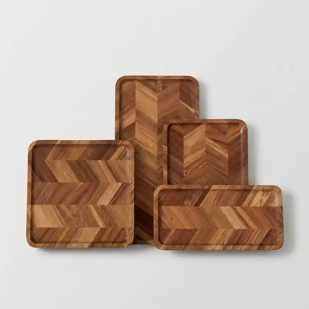 Wholesale Acacia Wood Herringbone Serving Tray – Custom Rectangular & Square Wooden Tea Platters