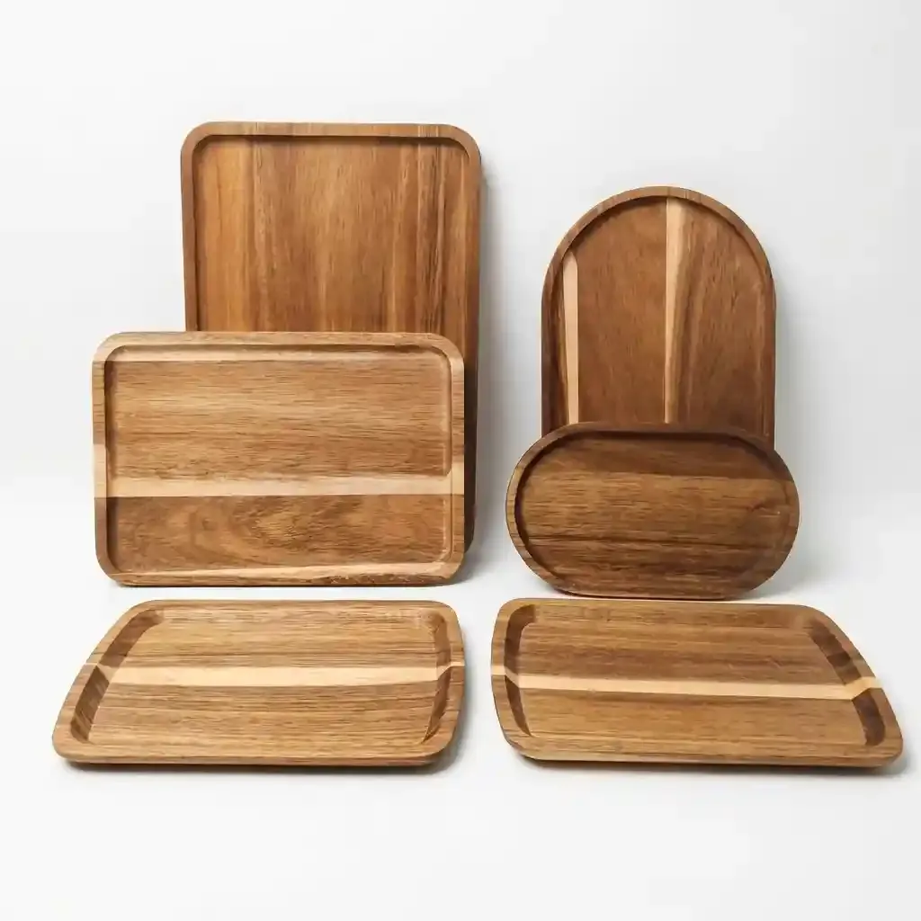 Wholesale Japanese Style solid acacia wood coffee and dessert tray Oval and Square Wooden Tableware Fruit Plate