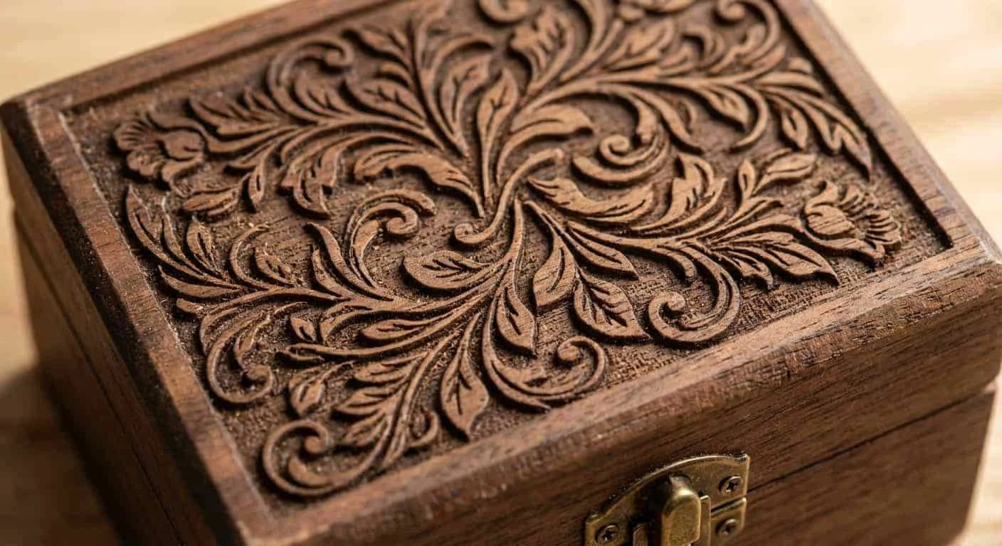 Custom engraved wooden gift box with intricate designs
