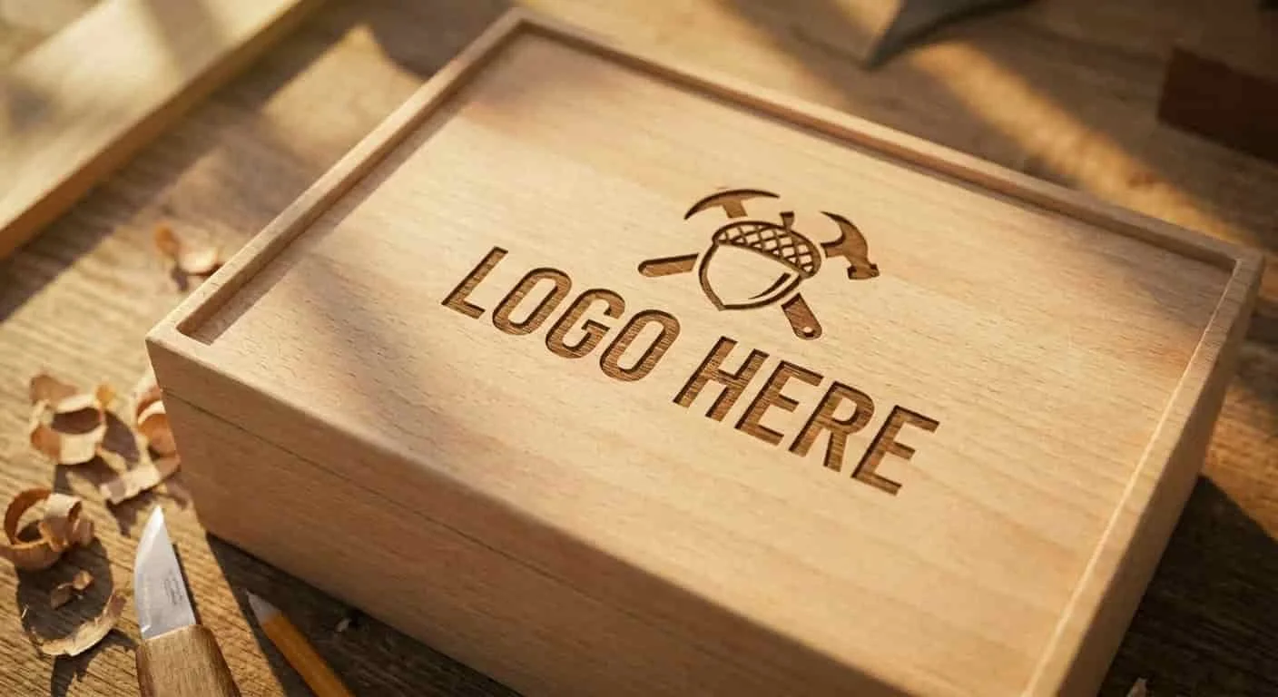 Laser engraved logo on custom wooden packaging box