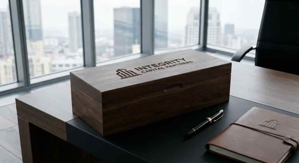 Engraved wood wine box with company logo for corporate gifts