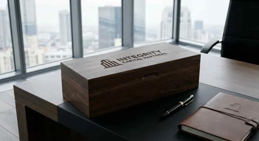 Engraved wood wine box with company logo for corporate gifts