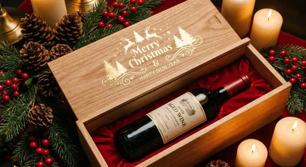 Festive custom wood wine box for holiday gifting with Christmas decor
