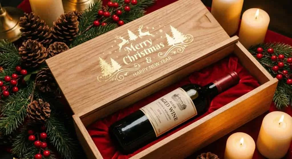 Festive custom wood wine box for holiday gifting with Christmas decor