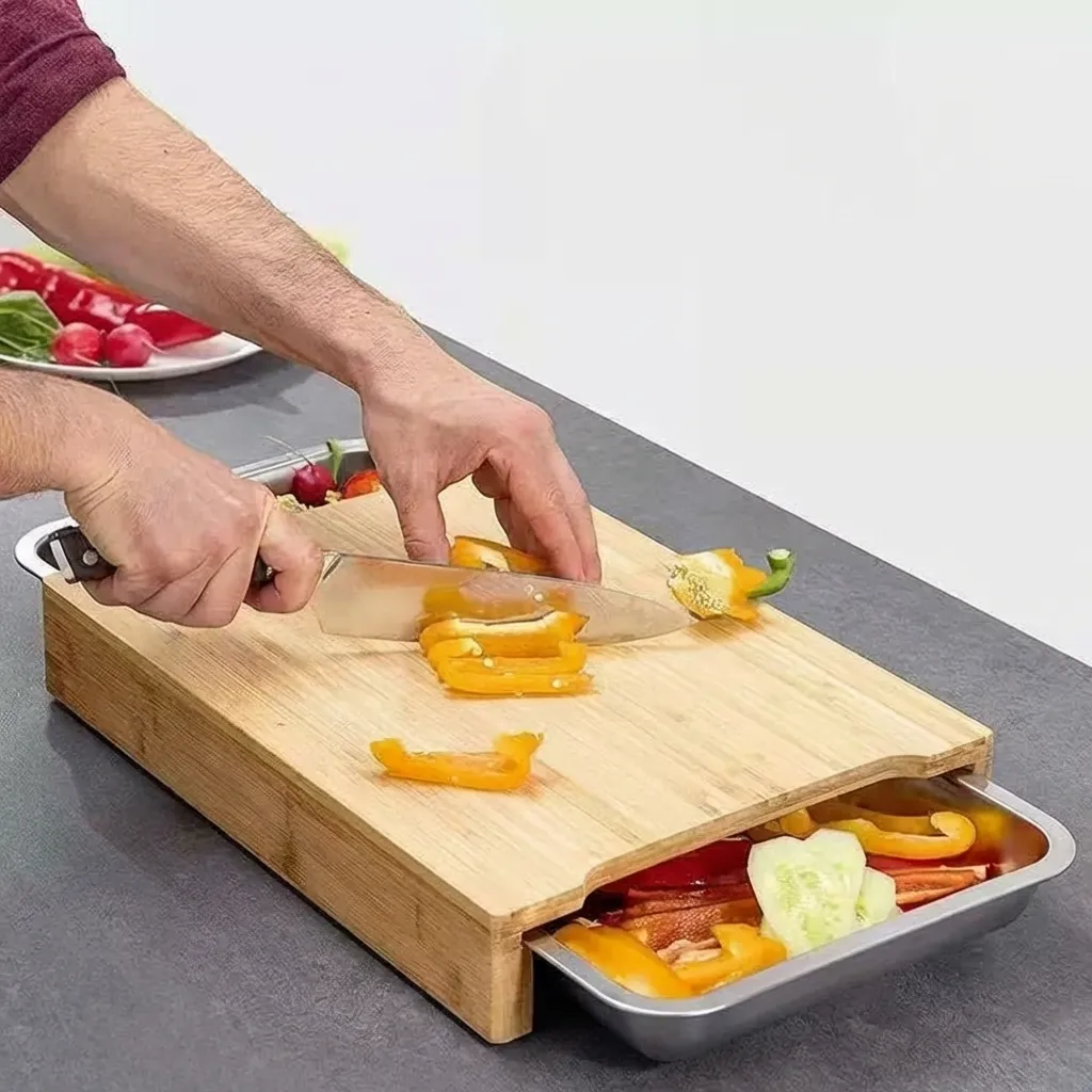 Bamboo Cutting Board with Drawer for Kitchen Fruit Bread Vegetables and Cheese 2