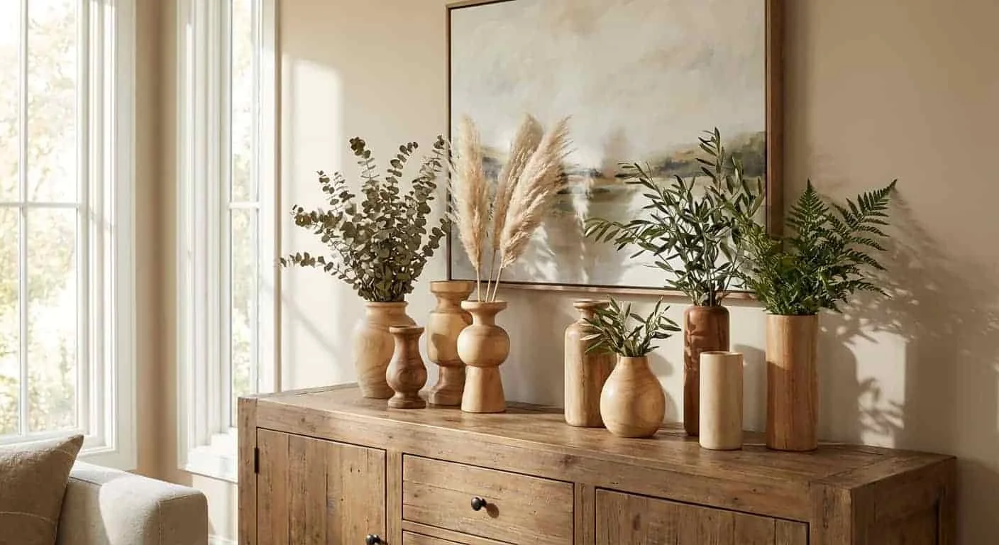 Grouped wooden vases with various botanicals on a sideboard