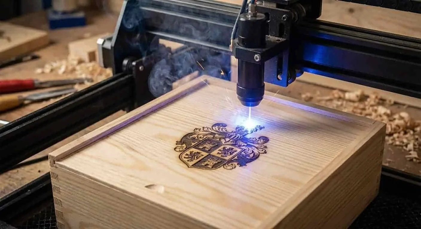 Laser engraving process on custom wooden wine boxes