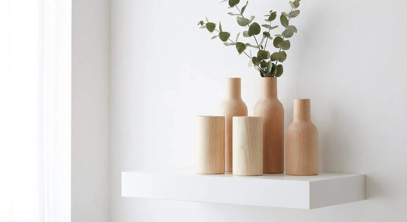 Minimalist Scandinavian style wood vases on a white shelf