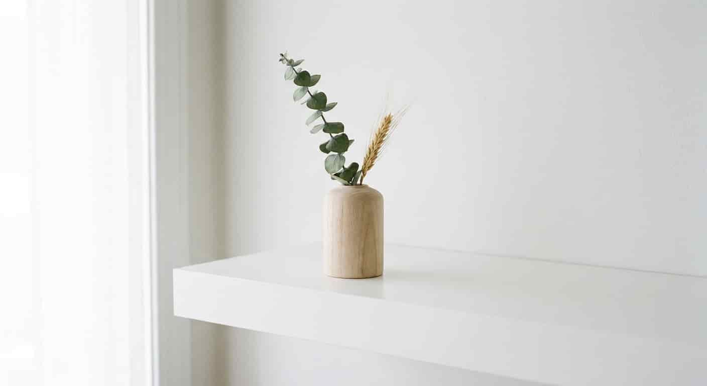 Minimalist wooden bud vase styled with dried eucalyptus and pampas grass