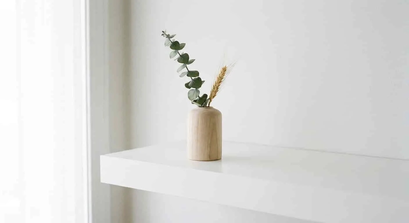Minimalist wooden bud vase styled with dried eucalyptus and pampas grass