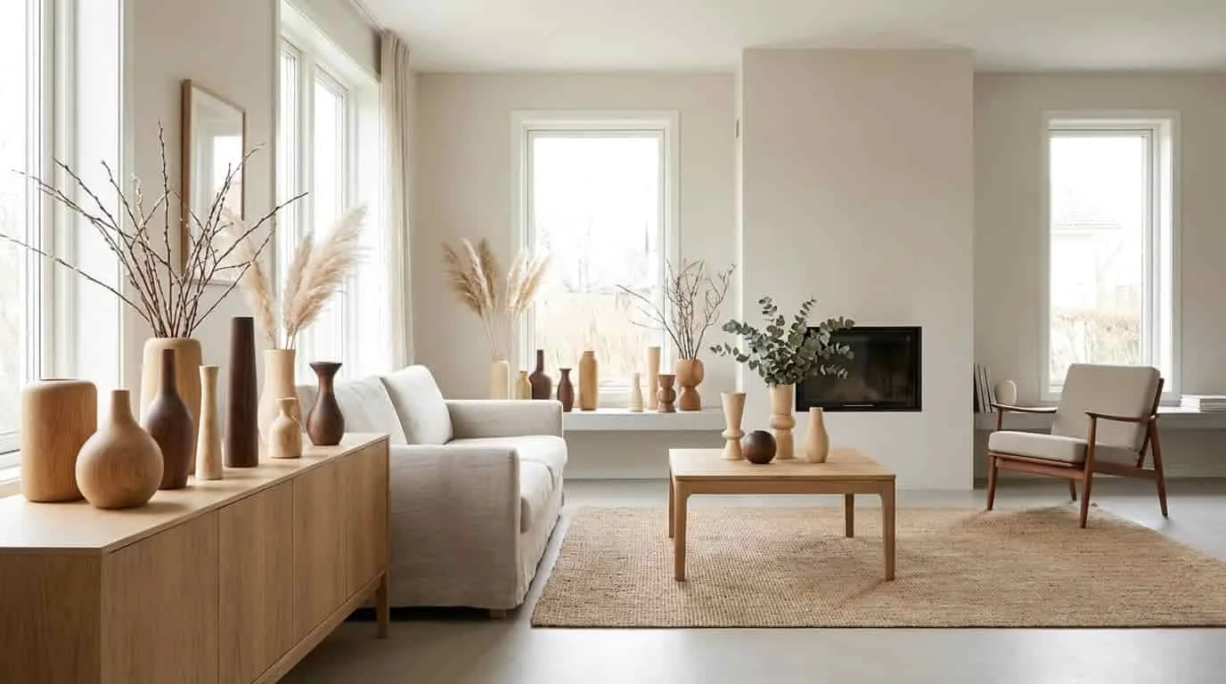 Collection of wooden vases styled in a neutral modern living room