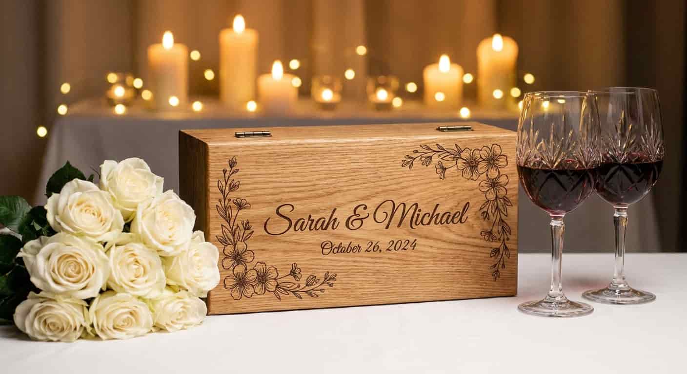 Personalized wedding wood wine box engraved with names and dates