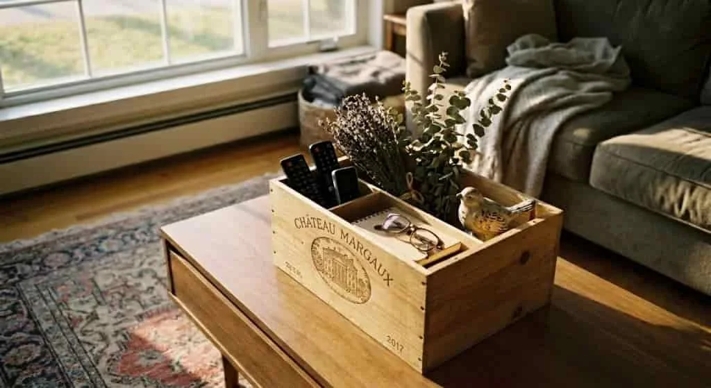 Repurposed reusable wooden box for home storage