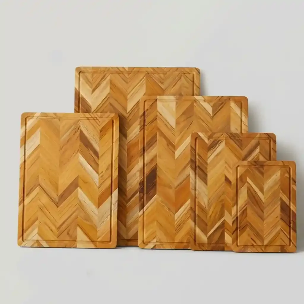 Teak Wood Herringbone Cutting Board Dual-Sided Serving Board with Juice Groove 2