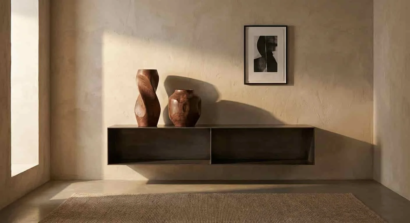 Sculptural dark wood statement vases in a contemporary interior