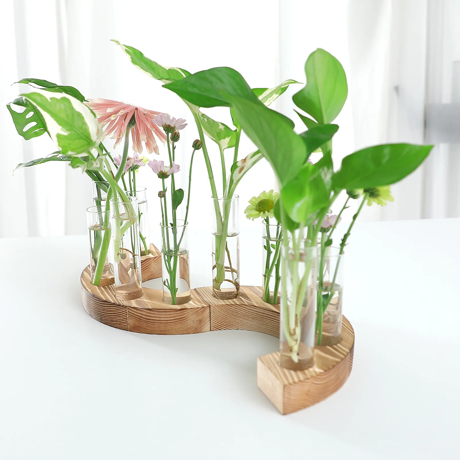 Custom Solid Wood Test Tube Vase for Hydroponic Plants & Floral Decor