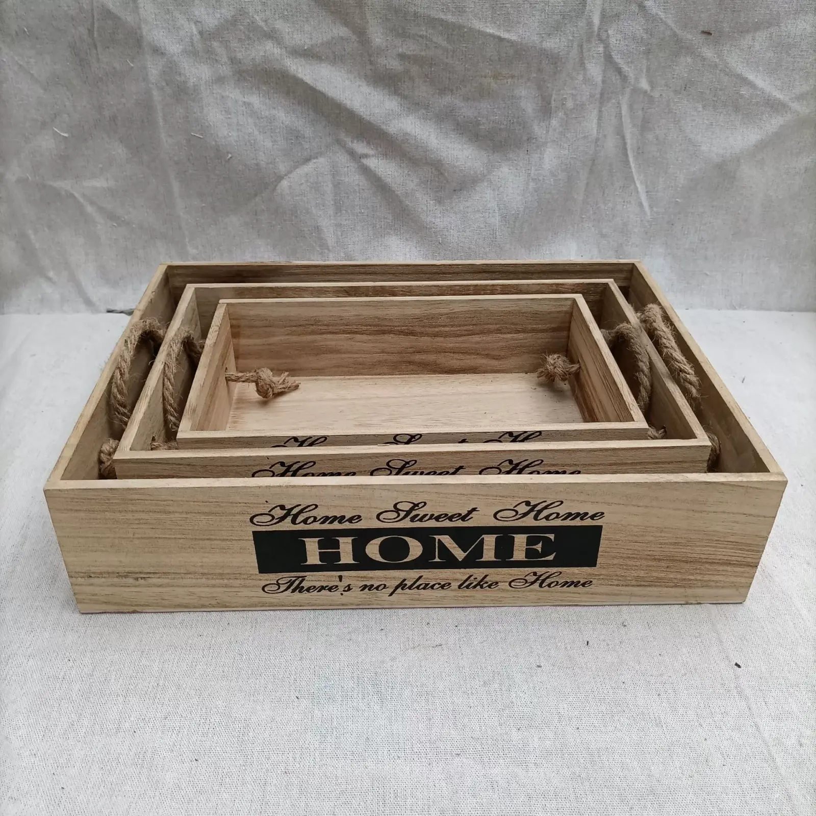 Custom wooden nesting storage boxes with rope handles Desktop Organizer