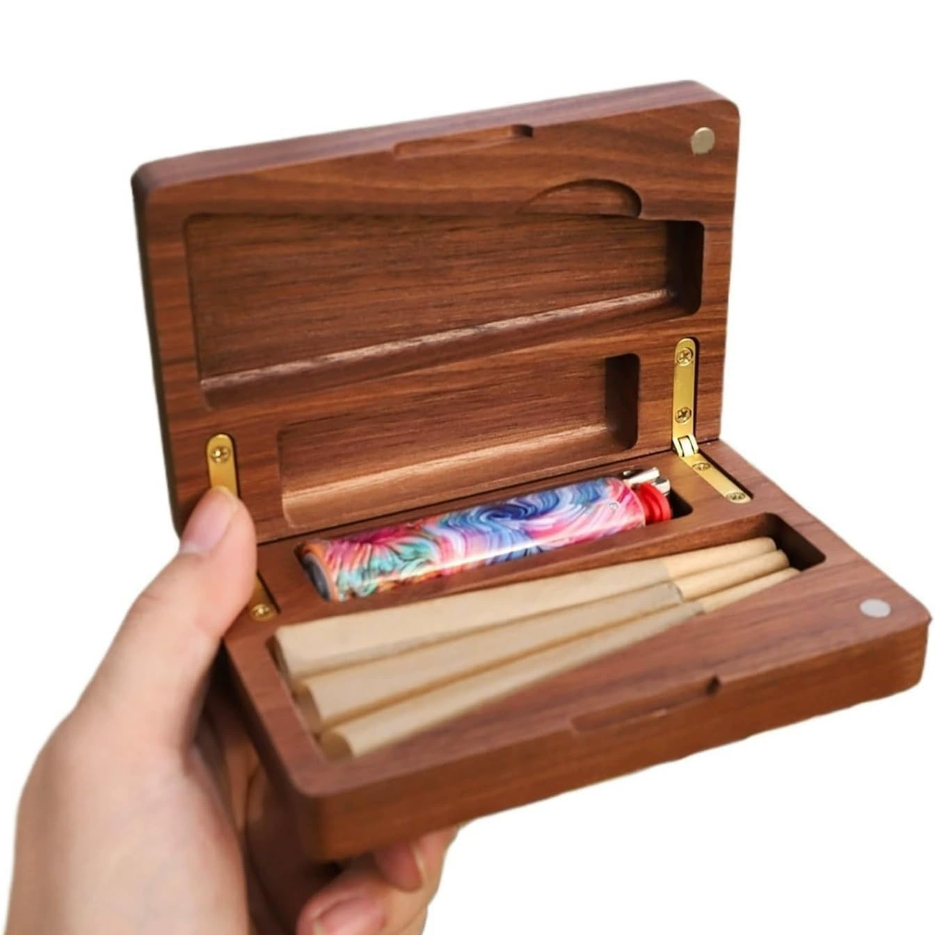Custom Walnut Wood Stash Box | Portable Magnetic Cigarette Case 3