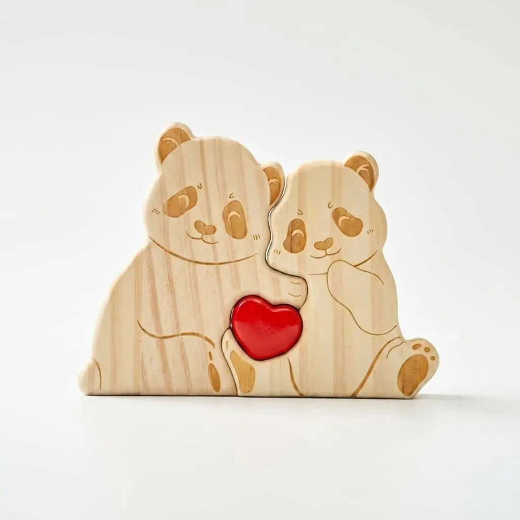 Custom Wooden Panda Family Puzzle Ornament Solid Wood Crafts Mother's Day Gift Wholesale
