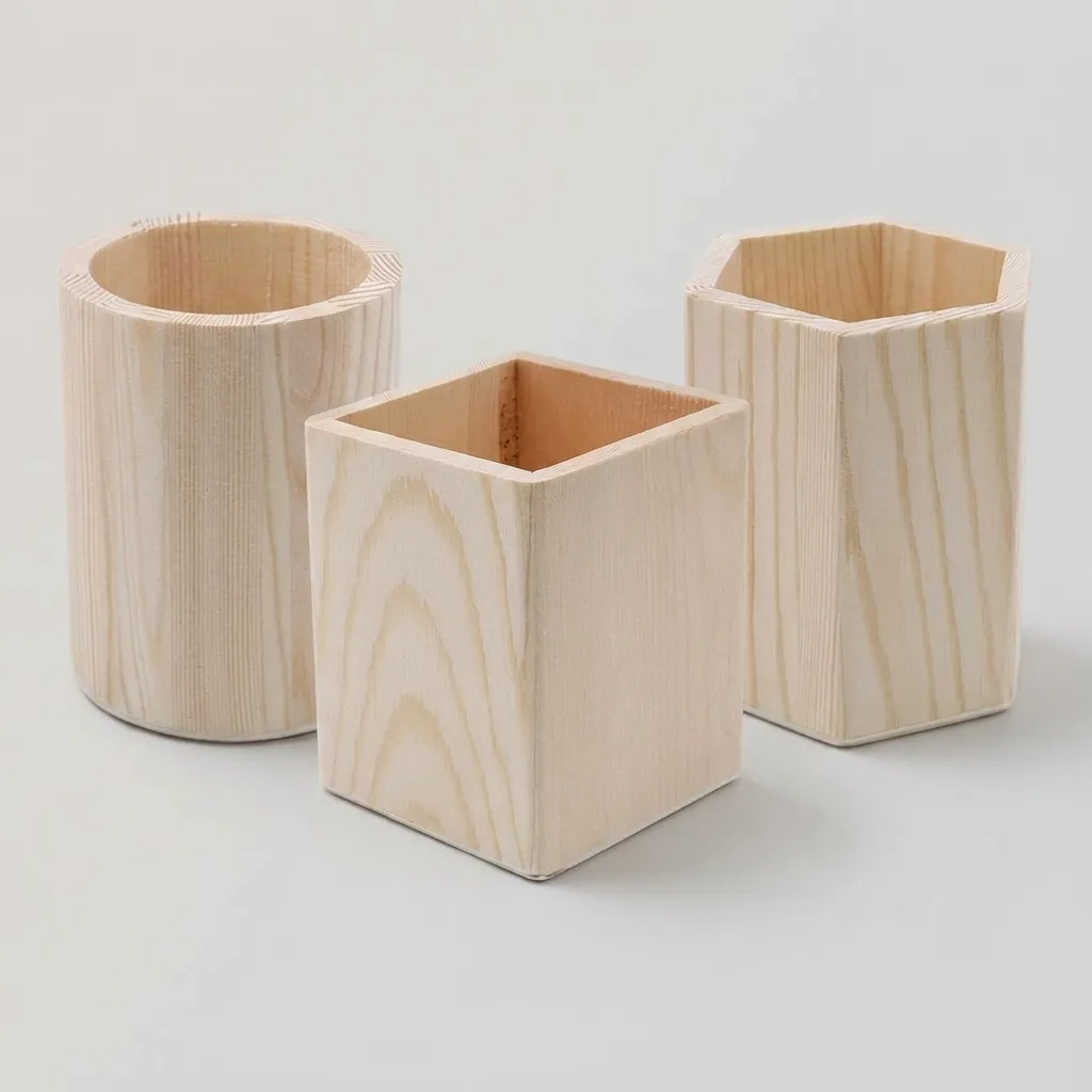 Wholesale Unfinished Pine Wood Pen Holder DIY Craft Solid Wood Pencil Cup for Home Office Student Desk Organizer