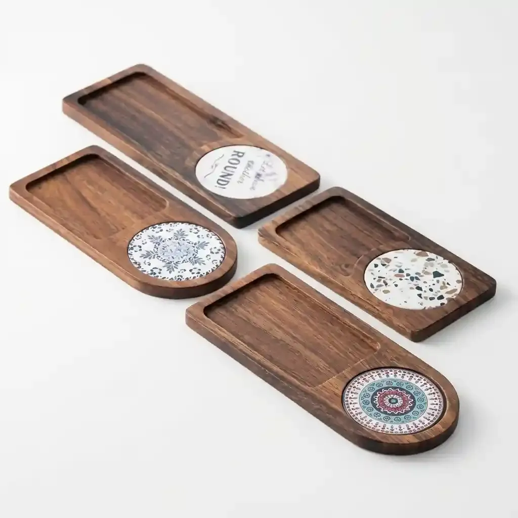 Wholesale Walnut Wood Coffee Serving Tray Custom Solid Wood Dessert Pastry Plate