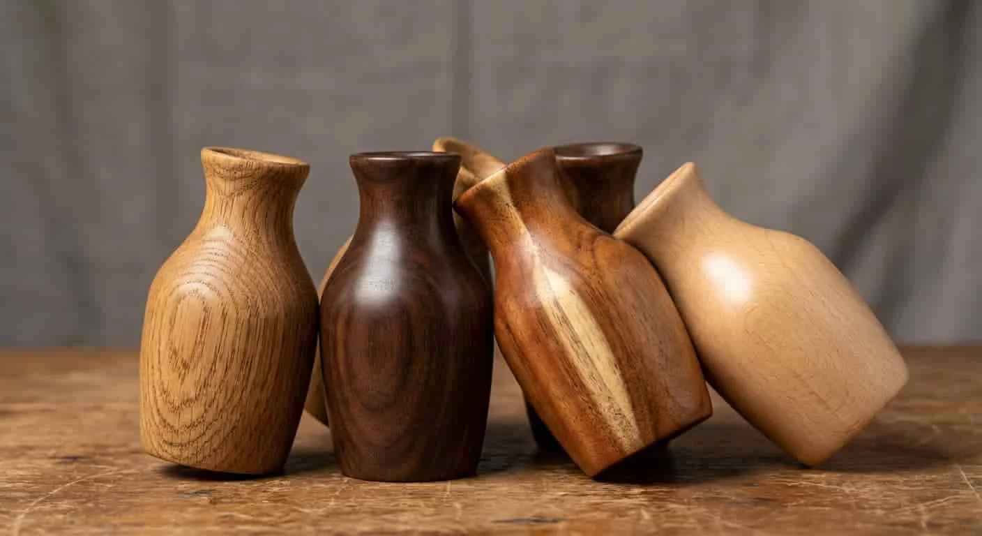 Close-up of different wood species and finishes used in vases