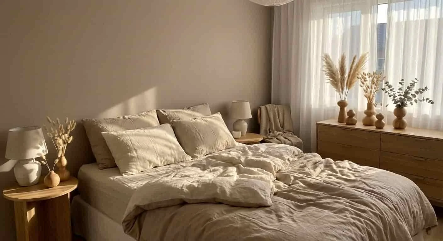 Wooden vases styled in a serene bedroom on nightstands