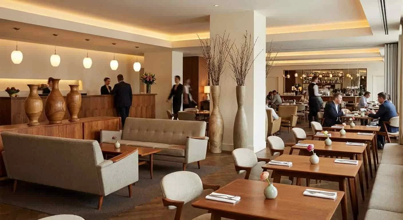 Wooden vases styled in a hotel lobby and restaurant setting
