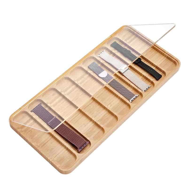 Wholesale Bamboo Watch Band Storage Box Multi-Compartment Wooden Bracelet Display Case with Acrylic Lid
