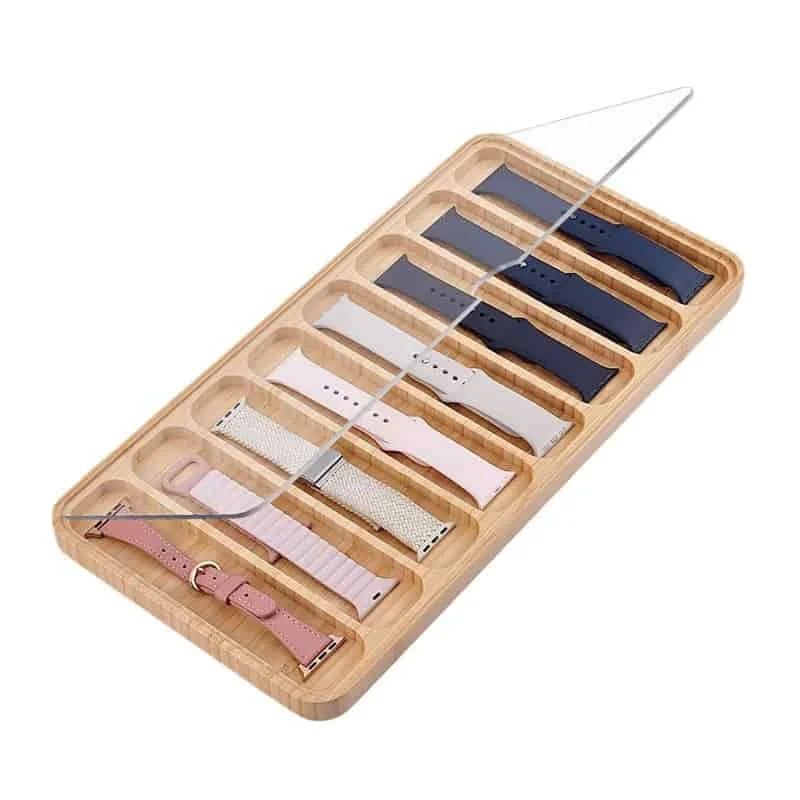 Bamboo Watch Band Storage Box Multi-Compartment Wooden Bracelet Display Case with Acrylic Lid 2