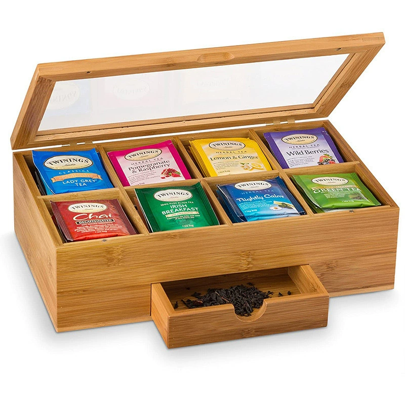Wholesale Simple Wooden Bamboo Tea Bag Organizer Box with Clear Acrylic Hinged Lid for Gift Packaging