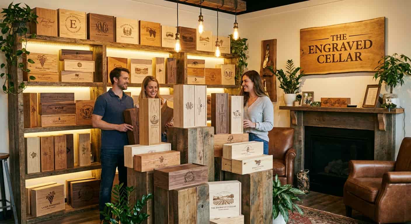 Retail display showing various custom engraved wooden wine boxes