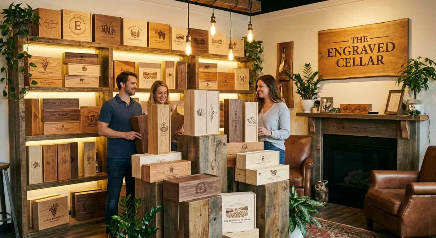 Custom engraved wooden wine boxes on retail display — reusable packaging adds perceived value at point of sale