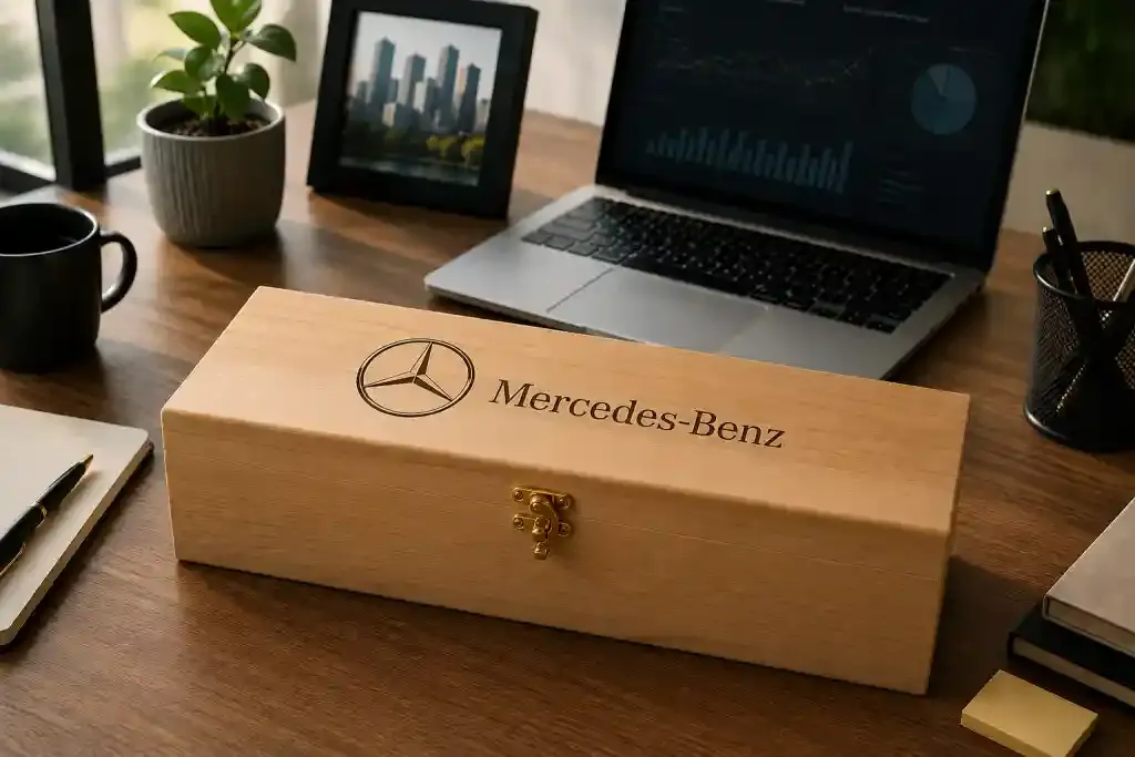 Branded wooden wine gift box with Mercedes-Benz logo — premium packaging that becomes a permanent brand touchpoint in the recipient's space