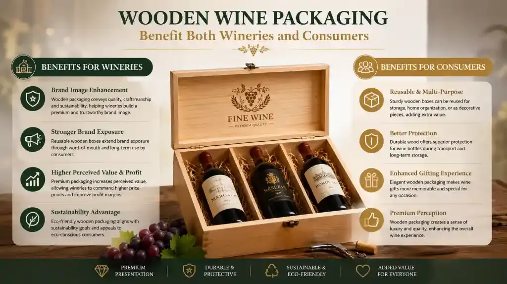 Wooden wine packaging advantages for wineries and consumers, including protection, reusable design, and premium presentation