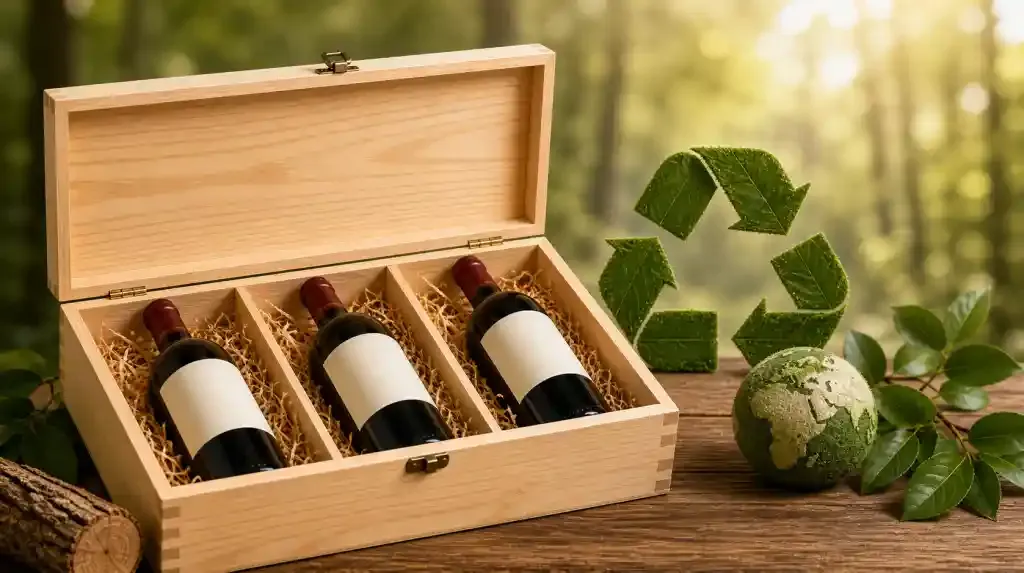 Wooden wine packaging advantages shown with a reusable wooden wine box and eco-friendly materials