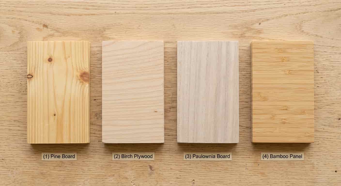 Wood material comparison: pine, birch plywood, paulownia, and bamboo samples