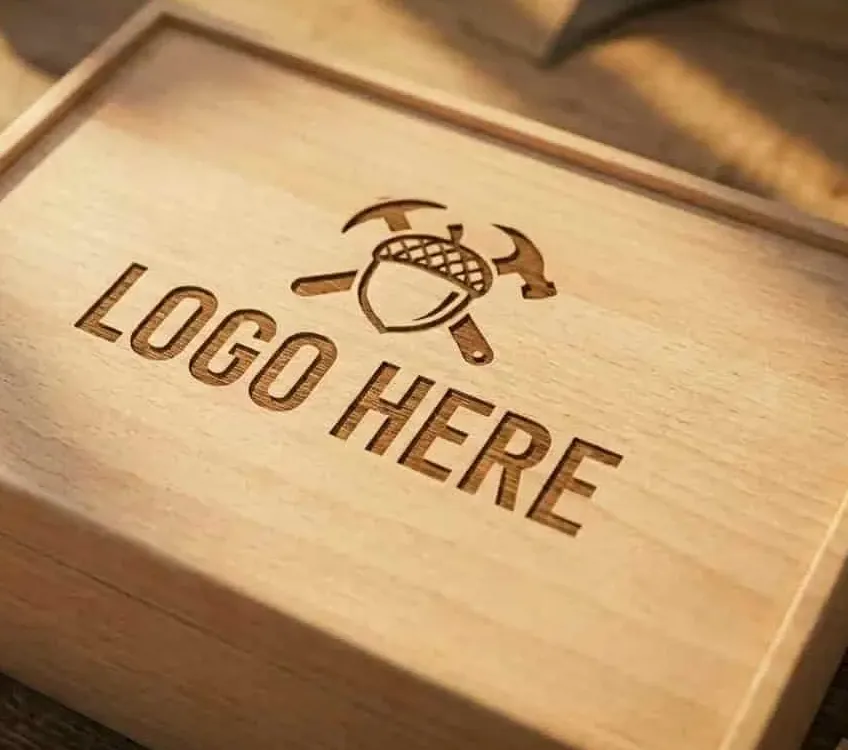 Laser engraved logo on wood surface
